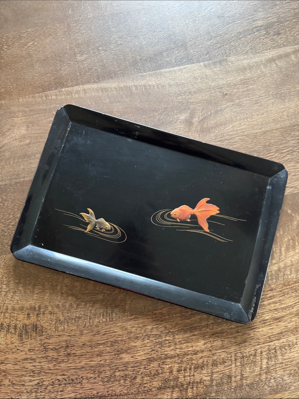 Japanese Vintage Black Lacquer Tray with Gold and Orange Fish Motif